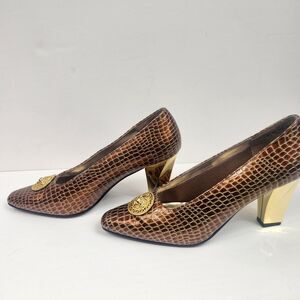 Vintage Amanda Poppy Snake/Lizard Print, Gold/Brown 3” Heels Women’s Size 9M